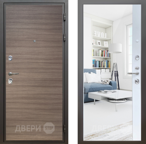 Входная металлическая Дверь Шелтер (SHELTER) Комфорт Дуб тоскано поперечный 14 с зеркалом Белый матовый в Видное