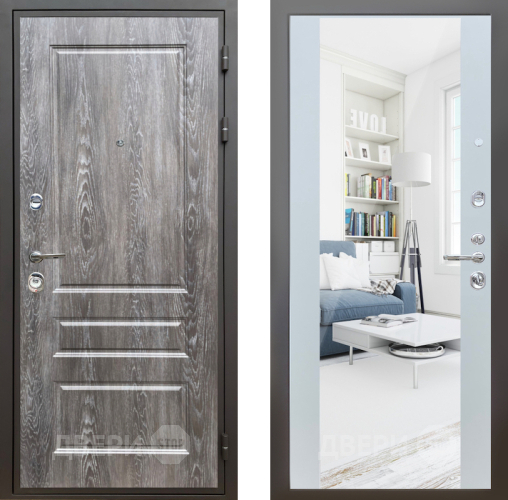 Входная металлическая Дверь Шелтер (SHELTER) Комфорт Дуб шале серебро 13 с зеркалом Белый матовый в Видное