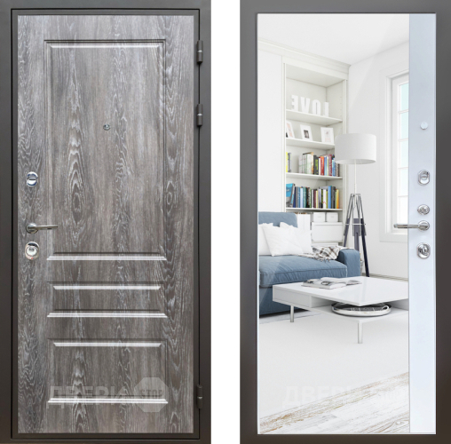 Входная металлическая Дверь Шелтер (SHELTER) Комфорт Дуб шале серебро 14 с зеркалом Белый матовый в Видное