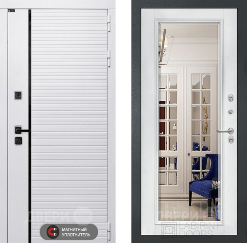 Входная металлическая Дверь Лабиринт (LABIRINT) Royal Зеркало Фацет с багетом Белый софт в Видное